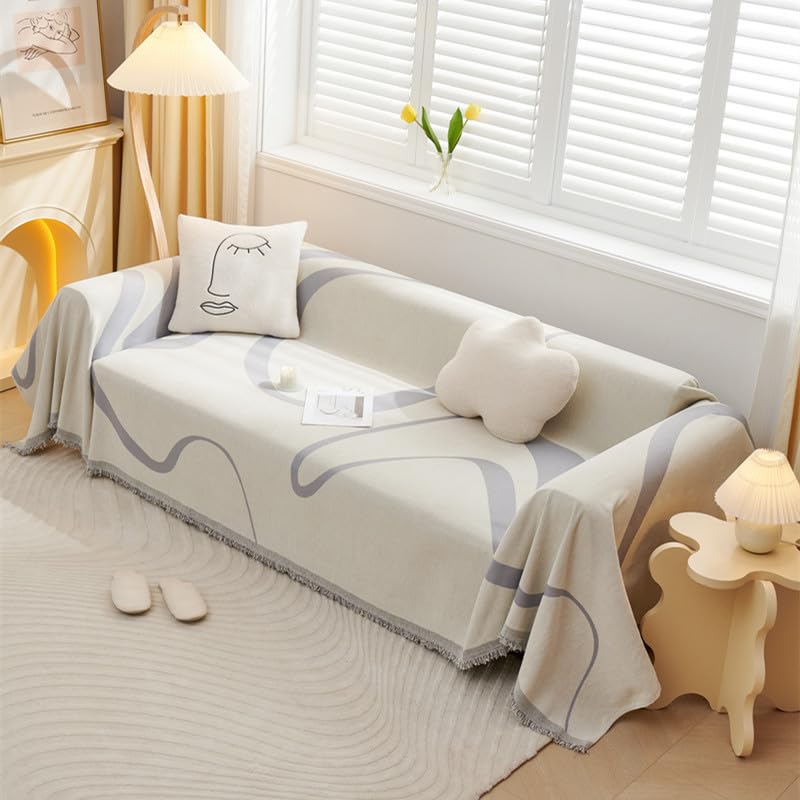 VanderHOME Chenille Sofa Throw Sofa Cover Home Decor Four Seasons Universal Woven Tassel Throws Abstract Geometric Line Multifunctional Soft Comfortable Sofa Blanket 180 * 130cm Light grey