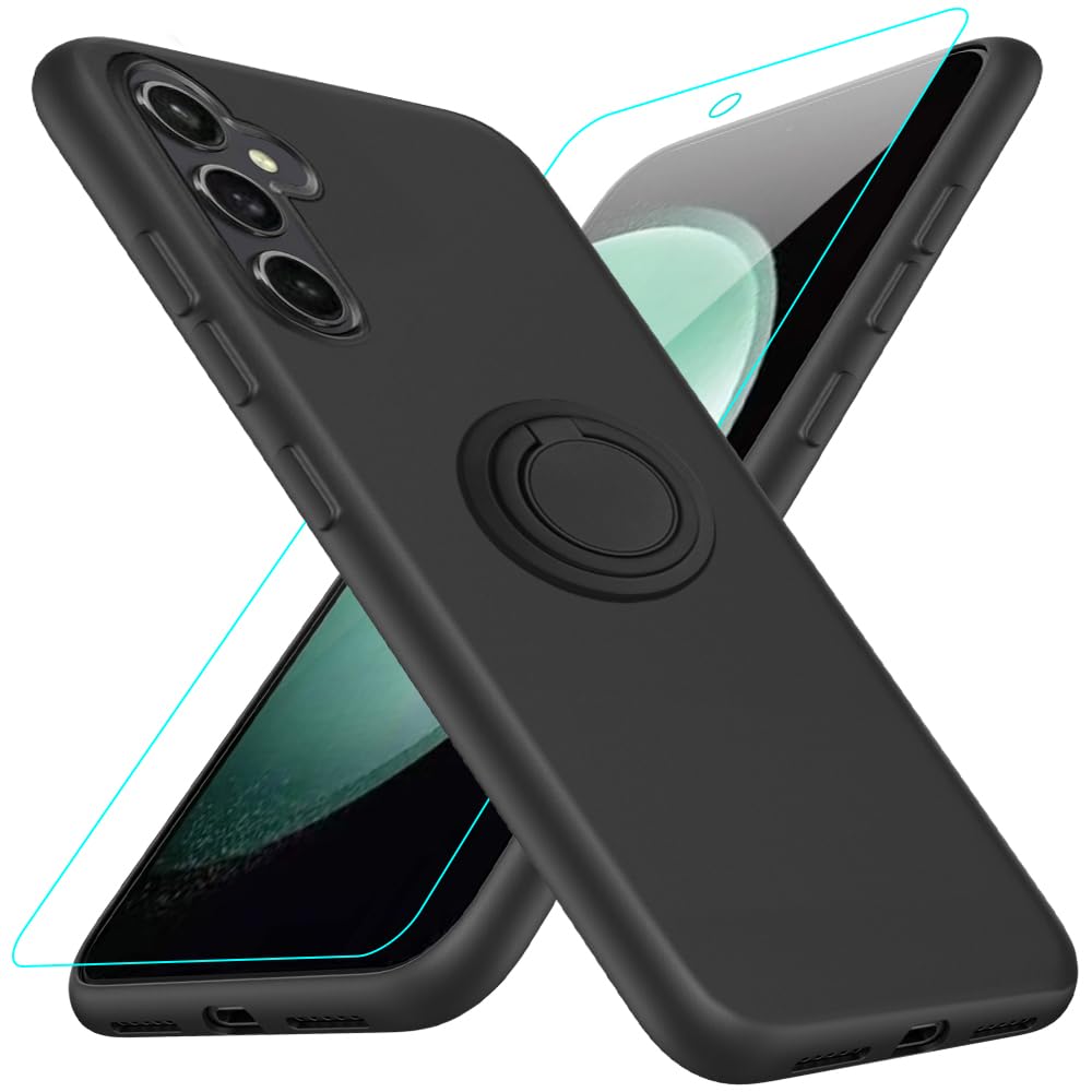 Photo 1 of for Samsung Galaxy A36 / A56 5G 2024 Phone Case with Glass Screen Protector, 360° Rotatable Ring Holder Kickstand Silicone TPU Shockproof Protective Cover Case for Samsung Galaxy A36 A56 5G - Black