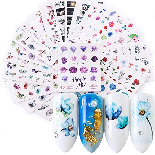 Joyibay Nagelsticker, 24 Blatt Nail Art Stickers Blumen Nagelsticker Wassertransfer Nagel Aufkleber Nägel Aufkleber Elegant Set für Party, Weihnachten, Neujahrsdekoration etc