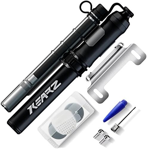 KEARZ MINI BIKE AIR PUMP – Schrader &amp; Presta Valve Compatible, 260 PSI High Pressure, For Road &amp; Mountain Bicycle, Lightweight &amp; Durable Aluminum, Frame Mounted, For Shocks, Glue-less Tire Patches