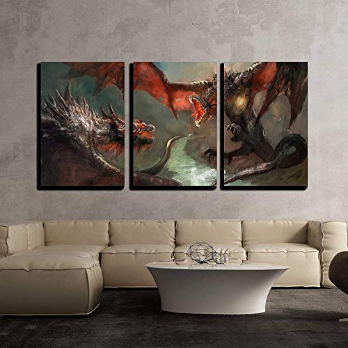 BABE MAPS 24"x36"x3 Panels Wall Art Painting Two Dragoins Having a Duel Stretched and Framed for Home Office Decor