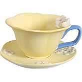 YGTUCE Floral Tea Cups and Saucers, Ceramic Cute Coffee Mug for Women Tea Party, Cappuccino Latte Milk (Yellow)