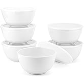 KX-WARE Melamine Bowls with Lids set - 28oz 6inch 100% Melamine Cereal/Soup/Salad Bowls, Set of 6 White | Shatter-Proof and Chip-Resistant Dishwasher Safe, BPA Free
