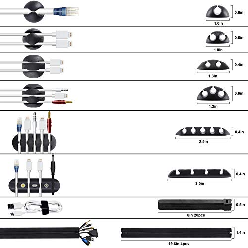 Cord Management Organizer Kit 4 Cable Sleeve with 10 Pack Self Adhesive Black Cable Clip Holders