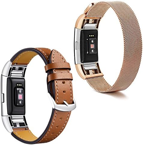 For Fitbit Charge 2 Replacement Bands (2 Pack),Stainless Steel Magnetic Milanese Metal with Leather Bracelet Strap for Fitbit Charge 2 Women Men