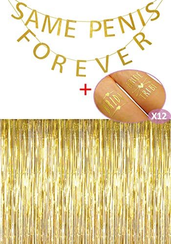 Finseng Same P Forever Gold Glitter Banner Sign Metallic Gold Tinsel Foil Fringe Curtain 12 Pcs Temporary Flash Gold Bride &amp; Bride Tribe Tattoos for Bachelorette Parties Bridal Shower