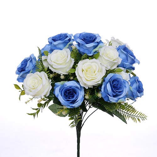 A1-Homes 41cm Artificial Silk Blue & Ivory Rose Bush with 18 large 3" flower heads- Wedding Grave Home Decoration