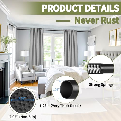 Tension Curtain Rod 51-145In(4.25-12.08Ft), Extra Long Outdoor Curtain Rod No Drilling for Window or Patio, Adjustable Spring Shower Rod, Never Rust, Rod Diameter 1.26In-Black