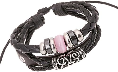 The November Nocturne Handmade Beauty Pink Lucky Bead Punk Black Leather Adjust Unisex Wrist Bracelet
