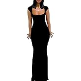Womens Summer Cap Sleeve Square Neck Elegant Casual Lounge Bodycon Slim Maxi Evening Party Long Dress