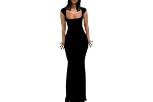 MOKAYEE Womens Summer Cap Sleeve Square Neck Elegant Casual Lounge Bodycon Slim Maxi Evening Party Long Dress