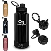 CoolReady 40 oz Metallic Black Insulated Water Bottle with Straw & Spout Lids Stainless Steel Thermo Bottle, Wide Mouth Leakproof Design, Double Wall Cold 24 H Hot 12 H, Silicone Boot for Gym