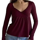 Women Y2k Square Neck Tops Long Sleeve Lace Patchwork Tee Shirts Vintage Aesthetic Slim Fit Tee Top