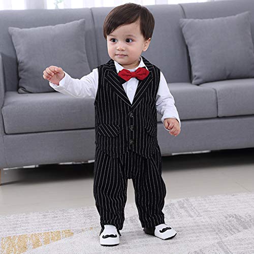 Baby Boy Outfits Set, 3pcs Long Sleeves Gentlemen T-Shirt Jumpsuit & Vest Coat with Bow Tie Wedding Tuxedo Outfits (Black, 6-12Months)