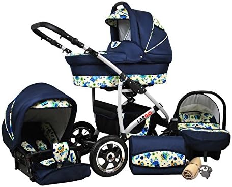 Baby Pram Pushchair Stroller Buggy Travel System Set Raff Largo + Baby Bag + Rain Cover + Mosquito Net (3in1 (Baby tub + Sport seat + Car seat), Navy-Blue-Owls)