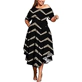 Plus Size Women Wedding Guest Dress Off Shoulder Boat Neck Irregularly Flowy Midi Church Dress