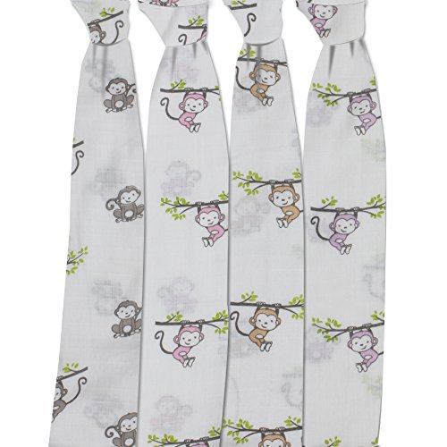 Bacati Set of 4 Happy Monkeys Muslin Swaddling Blankets, Pink/Purple/Grey