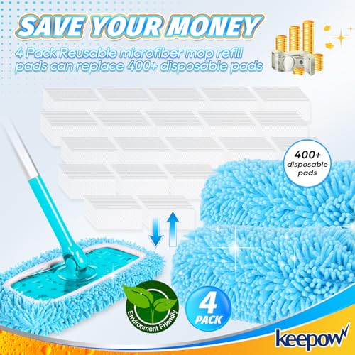 KEEPOW Reusable Pads for Flash Speed Mop Refill Wipes, Microfiber Wet Dry Refills for Flash Speed Mop Starter Kit, Machine Washable Up to 100x (4 Pack)