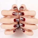 24pcs Artificial Tips False Nail Simply Beauty Red with Silver Glitter Fake Nails Tips Z110