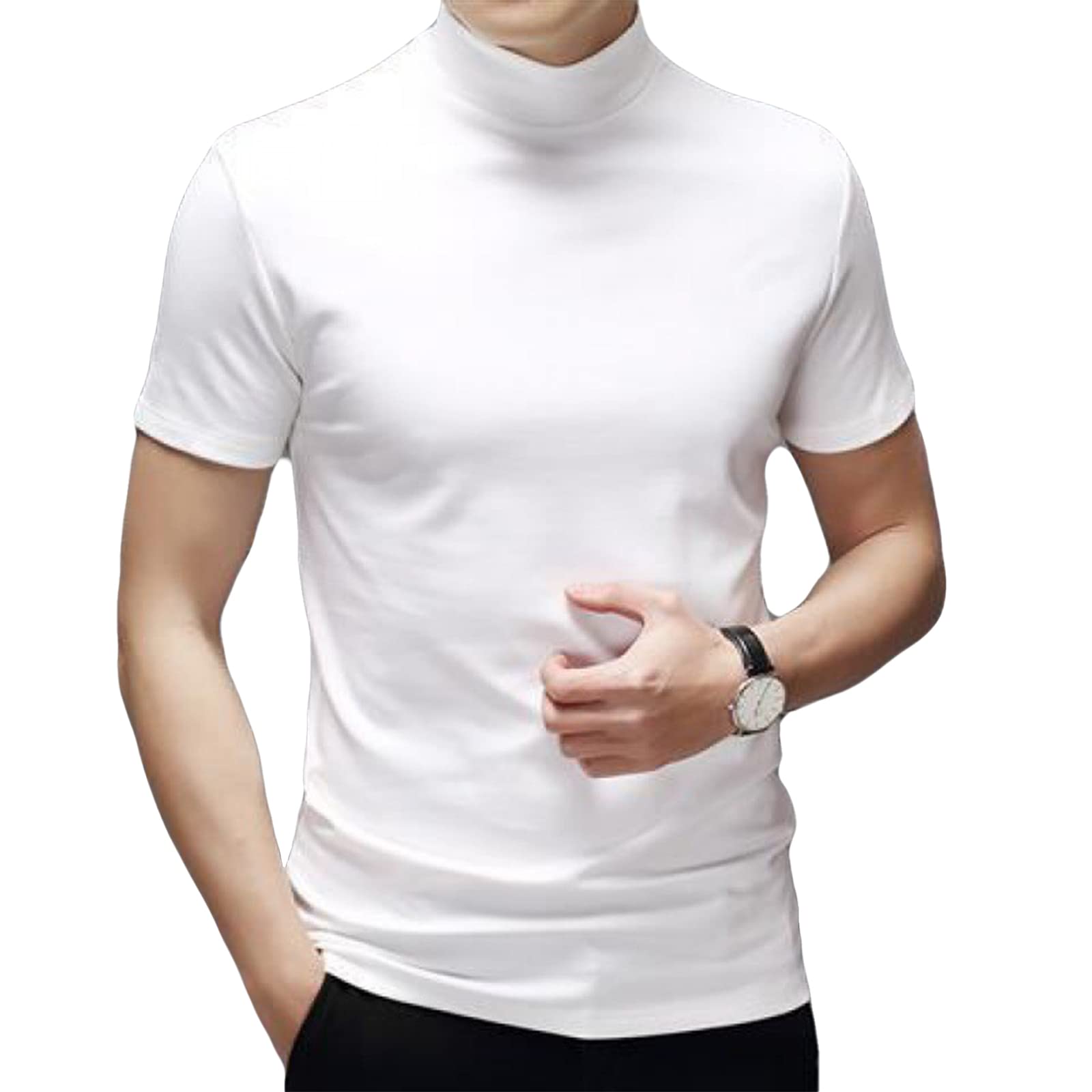 Photo 1 of Men's T Shirt Short Sleeve Basic Mock Turtleneck Slim Fit Undershirt Pullover Thermal Solid Tops White