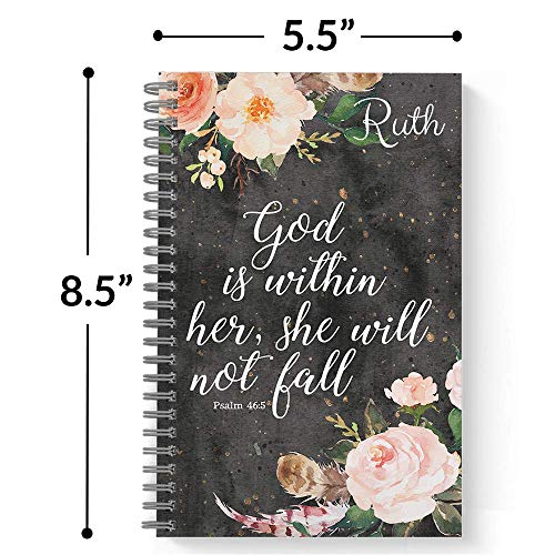 She Will Not Fall Personalized Religious Notebook/Journal, Laminated Soft Cover, 120 College Ruled pages, lay flat wire-o spiral. Size: 5.5" x 8.5". Made in the USA