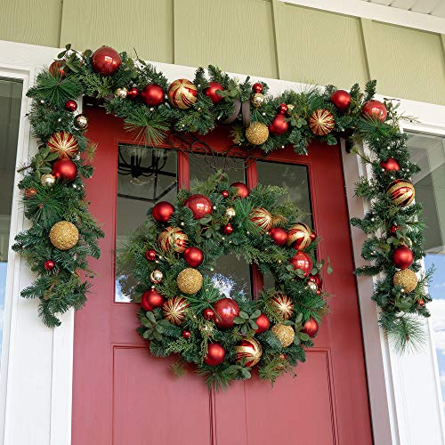 [30 Inch Artificial Christmas Wreath] - Christmas Classic Collection - Red and Gold Decoration - Pre Lit with 50 Warm Clear LED Mini Lights - Includes Remote Controlled Battery Pack with Timer