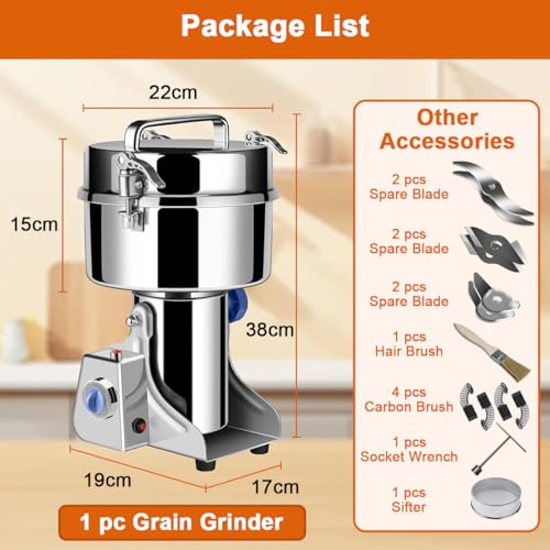 Electric Grain Mill Grinder, 2500g 2000W Coffee Bean Grinder Superfine Mill for Herb Spice Nut Cereal, 30s High-Speed Grinding with Overload Protection 5-8min Timer 32000RPM for Wheat Dry Food Kitchen