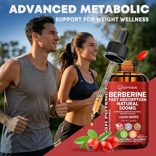 JUYIHEAL Berberine Supplements, 500mg Berberine HCL for Healthy Lipid (Fat) & Glucose Metabolism, Pure, Vegan, Alcohol & Sugar Free Berberine Drops - 120ML Liquid