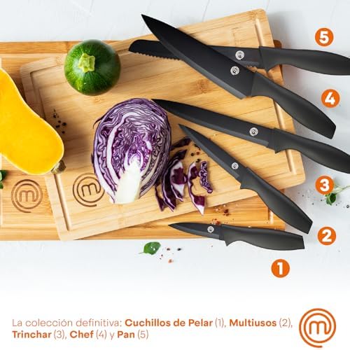 MasterChef Juego de Cuchillos de Cocina con Soporte Taco Universal con Set para Pan, Cebollero, Chef, Carne y Pelar, en Acero Inoxidable, 5 Piezas, Negro, Stainless Steel, Negro, Tacto Suave