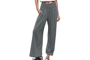 Muyise Cotton Linen Wide Leg Pants for Women Plus Size High Waist Summer Work Smocked Palazzo Lounge Trousers with Pockets