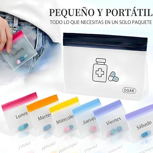 Pill Pouch Bags, Reusable 7-Day Durable Multi-Purpose Travel-Sized Container, Mini Pills Baggies, Clear Lockable Bags, Colored Days of the Week, Medicine Organizer Storage Pouches |Pill Cutter