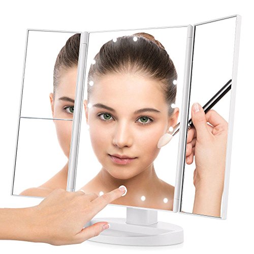 LED Lighted Make-up Mirror, Tri-Fold Vanity Mirror with Light bead,180°Degree Free Rotation Detachable 10X Magnification Spot Mirror, Touch Screen and Dual Power Supply, Dimmable,