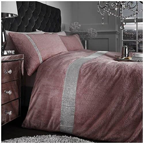 GC GAVENO CAVAILIA Luxurious Teddy Fleece Cosy Duvet Cover, Diamante Warm Bedding, Super Soft Sherpa Quilt Set, Polyester, Blush Pink, Double