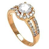 Pink Rose Gold Plated Sterling Silver Round Cut CZ Center Halo Split Shank Engagement Ring - Size 7