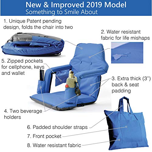 Foldable Stadium Seat for Bleachers - Deluxe Model High Backrest + Free Carry/Storage Bag- Water Resistant + Thick Padding +2 Drink Holders +Zipped Pocket (Blue, Standard)