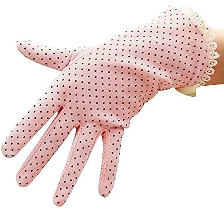 Lmeno Summer Women Driving Gloves Dots Sun UV Protection Non-slip Short Gloves Cotton Thin Lace Edge Outdoor Driving Mittens (Touchscreen/Non-touchscreen Optional)