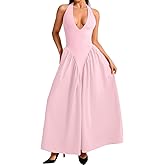 ChiaoLezhee Deep V Neck Dress, Halter Maxi Dresses, Vacation Date Night, Sexy for Women Corset Flowy Wedding Guest Drop Waist