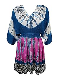 Mogul Womens Tie-Dye Mini Dress Embroidered Casual Elastic Waist Loose Sundress