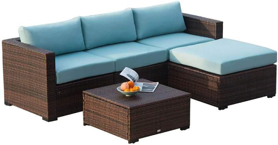 Auro Outdoor Furniture 5-Piece Sectional Sofa Set All-Weather Brown Wicker with Water Resistant Olefin Cushions for Patio Backyard Porch Pool | Incl. Waterproof Cover&Clips (Blue)