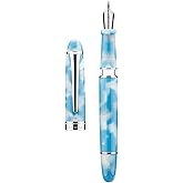 Asvine P50 Piston Fountain Pen Sky Blue Resin, Fine Nib Silver Trim Smooth Writer Collection with Pen Case Gift Set