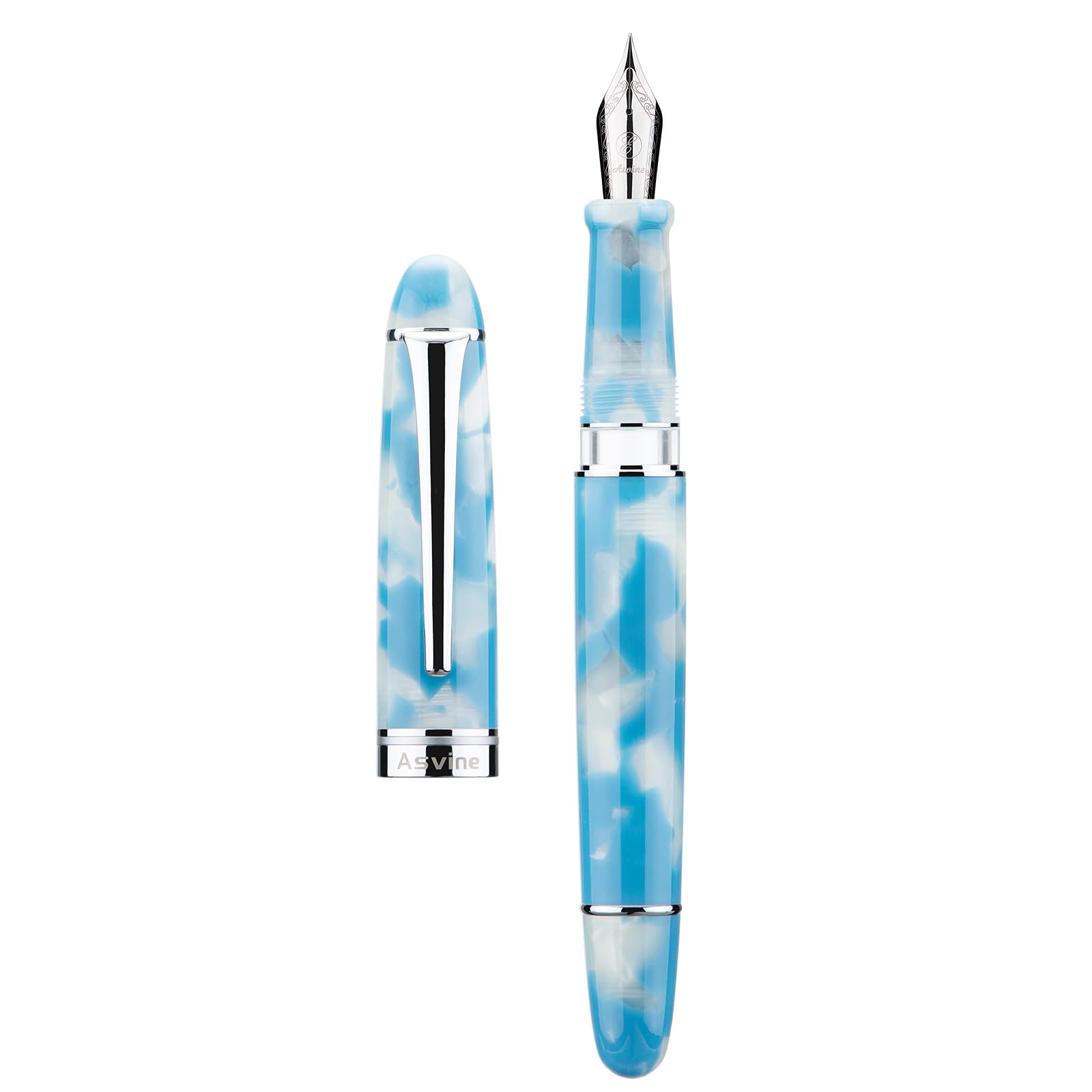 Asvine P50 Piston Fountain Pen Sky Blue Resin, Fine Nib Silver Trim Smooth Writer Collection with Pen Case Gift Set