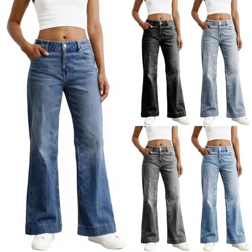 Women Jeans Trousers High Waist, Straight Leg Denim Pants Relaxed Fit Casual Trousers Pull On Stretch Comfy Casual Denim Soft Pants with Multipe Pockets Straight Leg Jean for Everyday Wear