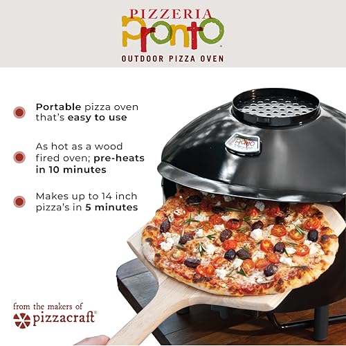 Pronto Outdoor Portable Pizza Oven - Pizzacraft - 14-Inch Cordierite Pizza Stone | Heats Up to 750°F, Cooks Pizza in 5 Minutes | Gas Propane Pizza Oven