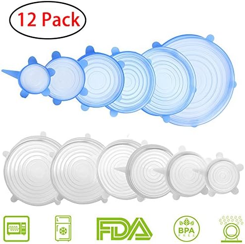 TengKo 1 Durable Reusable 12 Stretch Lids Huggers Covers Freezable Microwavable Multi-Size Silicone Seal Cover Kitchen Storage Organization Set for Bowls Cups Pot Blue + 6 Transparent