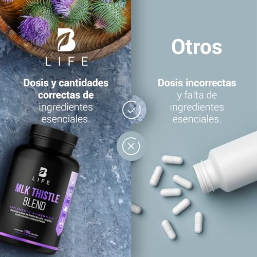 Cardo Mariano 180 cápsulas 1100 mg por porción. Hoja de Diente de León, Raíz de Jengibre y Mezcla Herbal. Ingredientes naturales. Mlk Thistle Blend B Life.