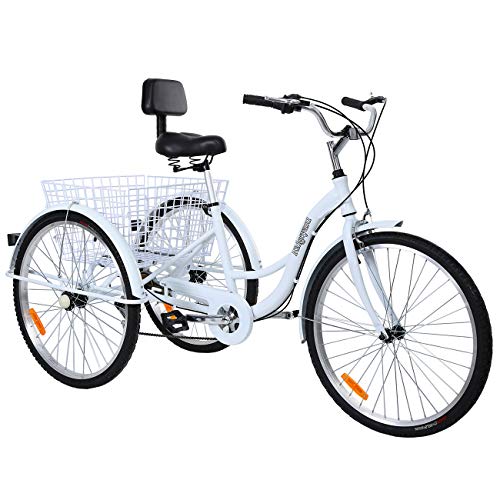 Ridgeyard 26” 7-Speed Adult Tricycle Aluminum Frame 3 Wheeled Cruise Trike Bike with Shopping Basket (White)
