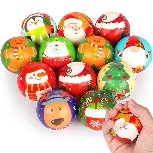POPLAY 12PCS Christmas Stress Balls, Christmas Squeeze Toys Squeeze Balls Bulk Christmas Fun Toys for Stocking Stuffers Stress Relief Party Favors Goodie Bag