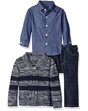 Nautica Baby Three Piece Set with Woven, Striped Shawl Sweater, Denim Jean, Sport Navy