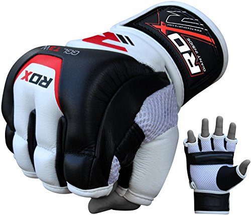 RDX Cow Hide Leather MMA Grappling Gloves UFC Cage Fighting Sparring Glove Training T3,White,Medium