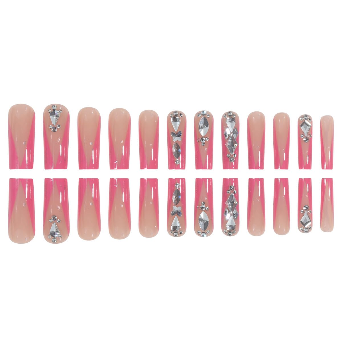 Pink French Press on Nails Long Coffin Fake Nails Full Cover False Nails with Designs Rhinestone Glue on Nails Ballerina Acrylic Stick on Nails Square Bling Luxury Aritificial Nails for Women 24 Pcs - Image 2